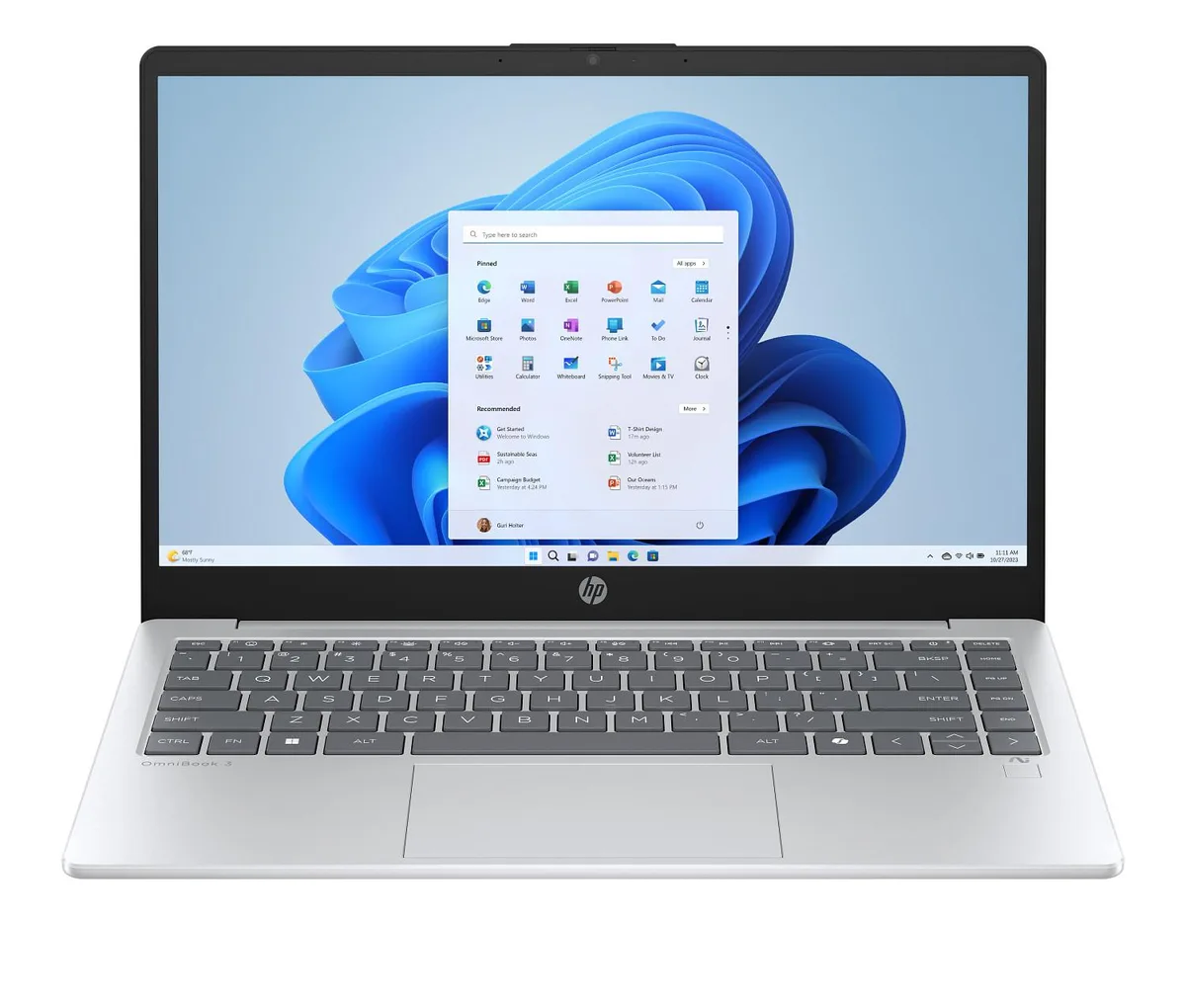 Silver 14 inch laptop with thin screen bezels and full size keyboard