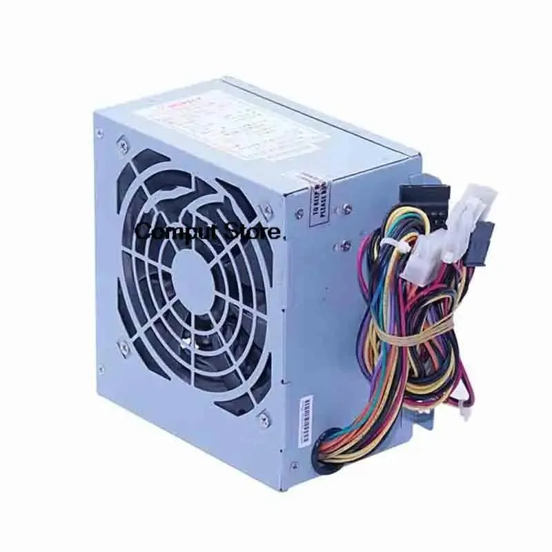 Rectangular metal ATX power supply unit with fan grille and cable bundle