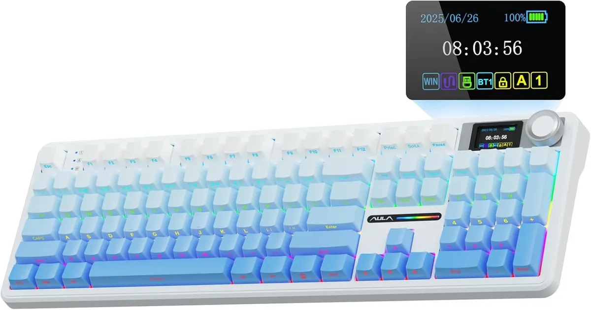 AULA F108 PRO full-size wireless mechanical keyboard with TFT colour screen and rotary knob, PBT keycaps, 104 keys, 8000mAh battery