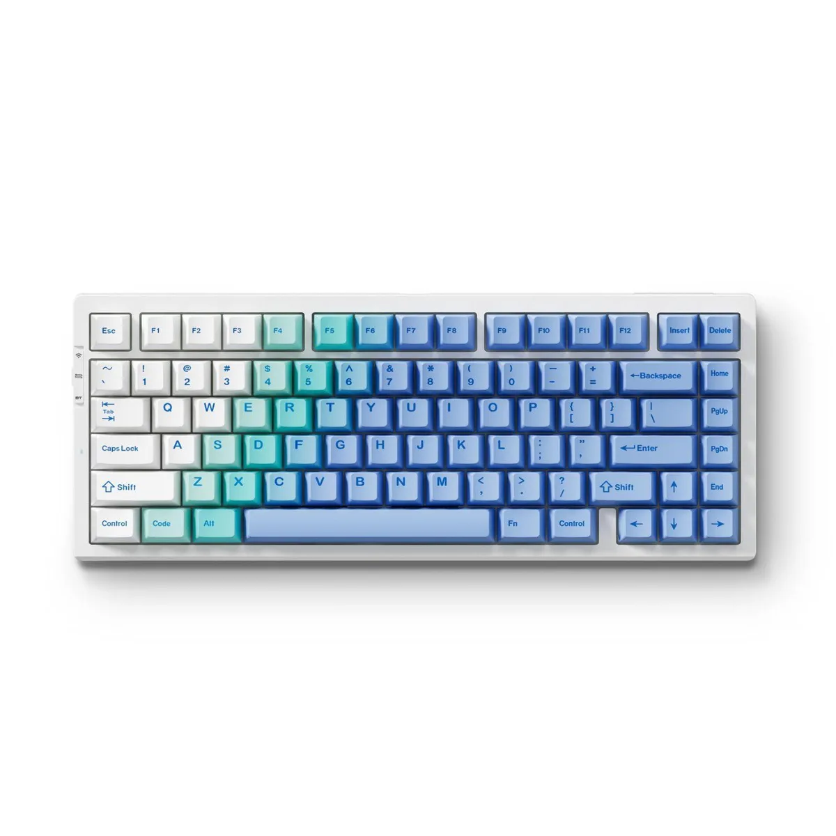 White and blue compact 75 percent wireless mechanical keyboard with RGB backlighting and linear switches