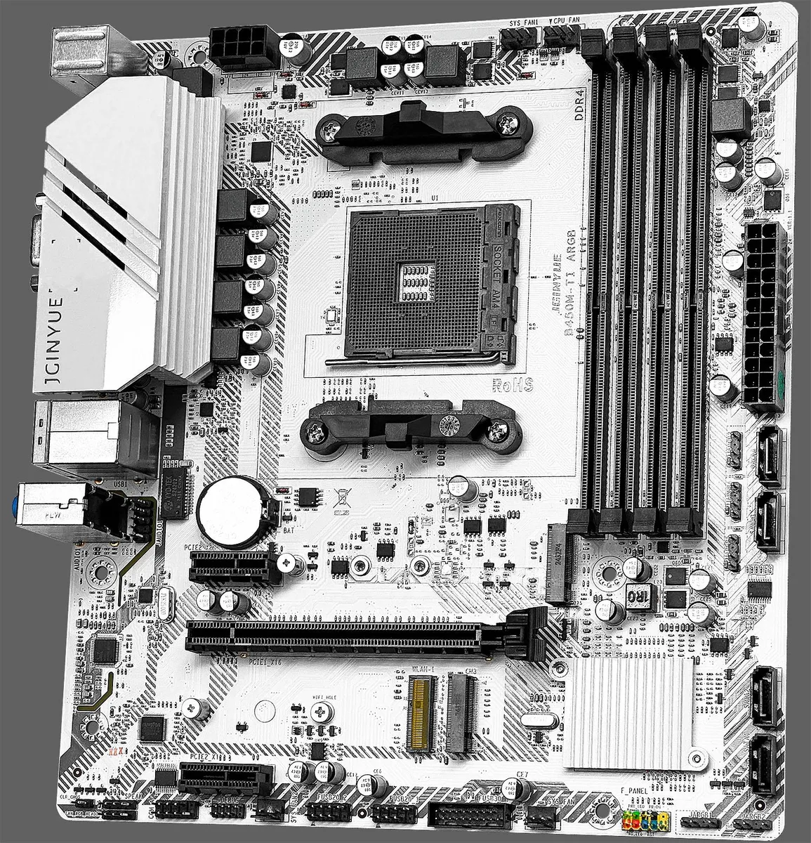 Green micro-ATX board with silver heatsinks and ARGB lighting accents