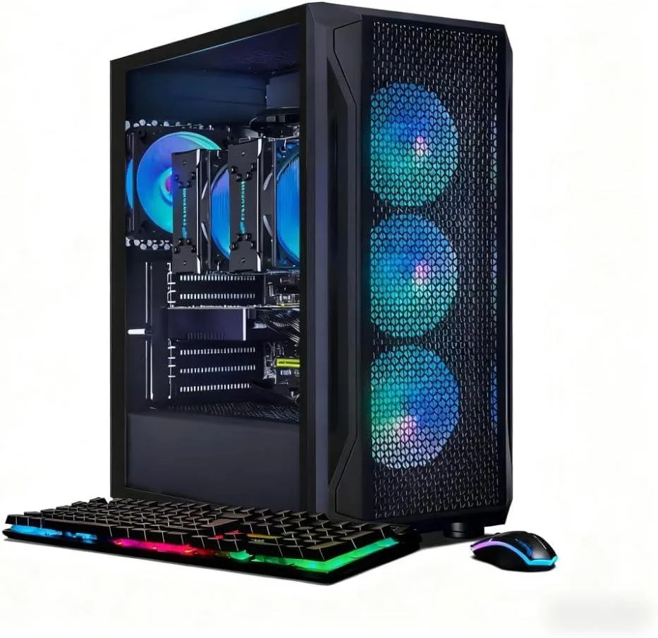 Black tower desktop with four RGB fans behind tempered glass