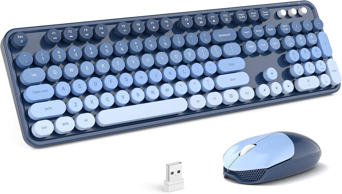 Blue full-size wireless keyboard and mouse combo with round 1.5 mm PBT keycaps