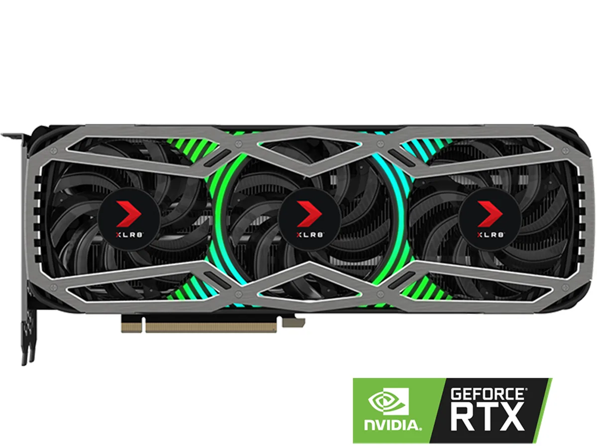 Black triple-fan graphics card with RGB lighting