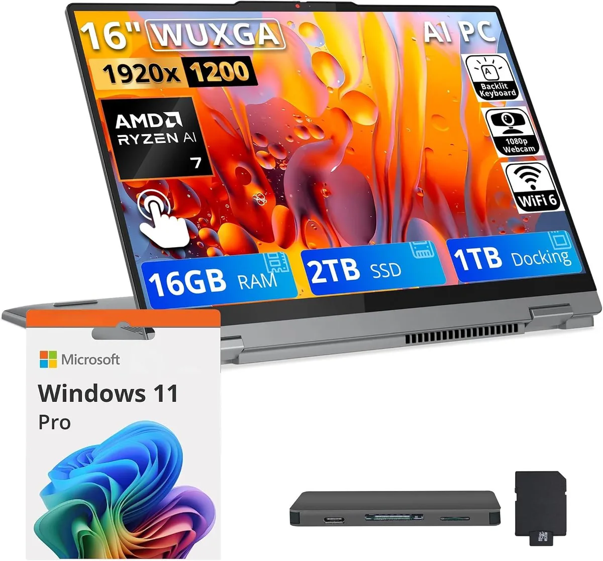 Lenovo Lenovo IdeaPad 5 2-in-1 16" WUXGA Touchscreen AMD Ryzen 7 8845HS 16GB 2TB SSD+1TB Dock Grey — 商品照片