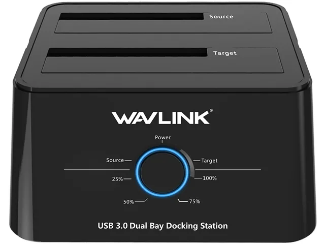 Black two-bay SATA docking station with upright drive slots and LED indicators