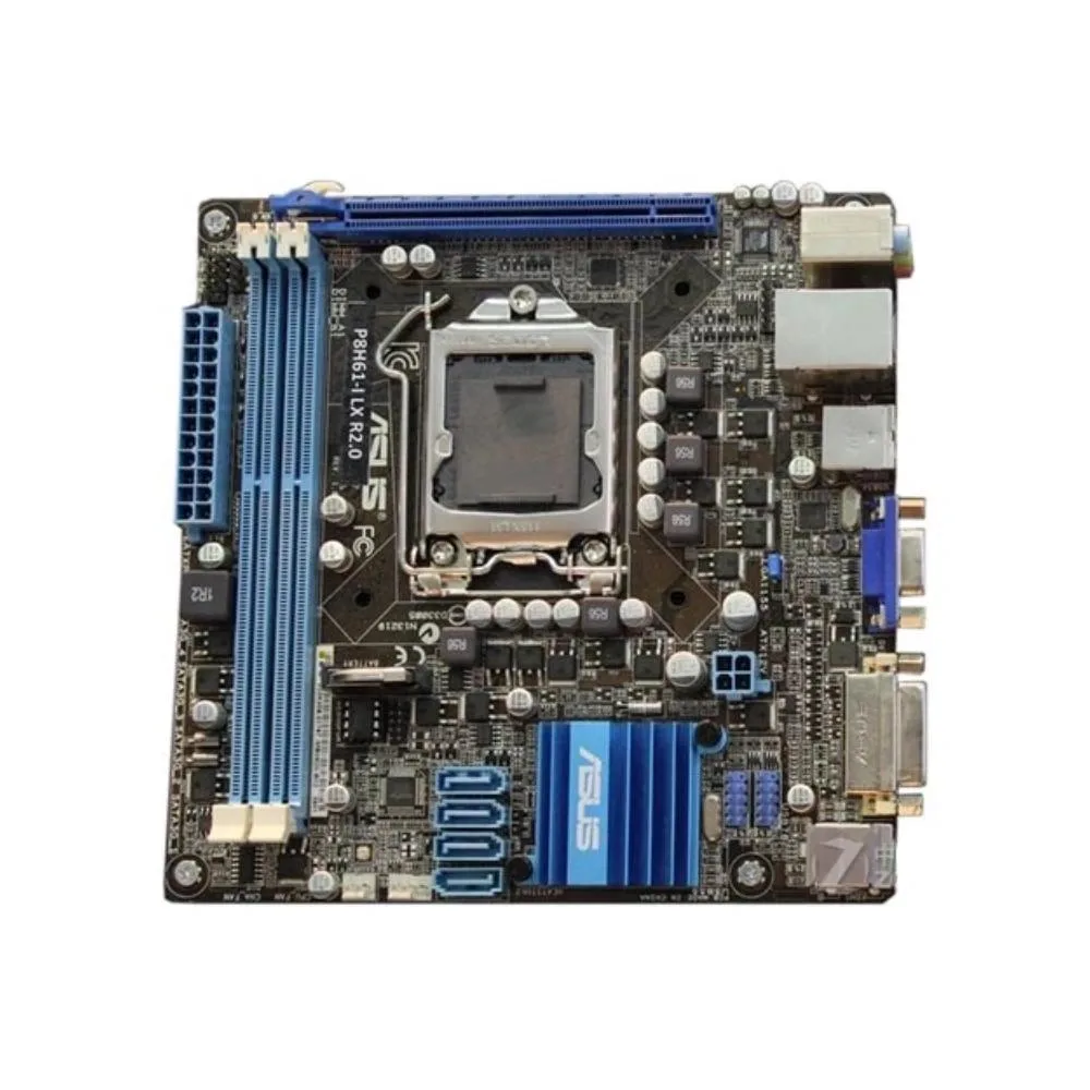 Green Mini-ITX motherboard with black sockets and silver heatsinks