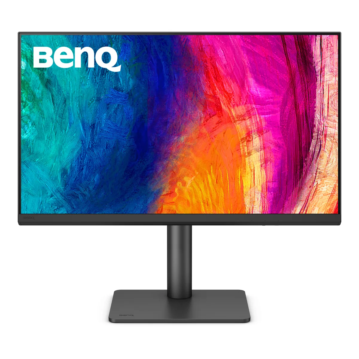 Black 27 inch flat IPS monitor with anti-glare nano matte screen on height adjustable stand