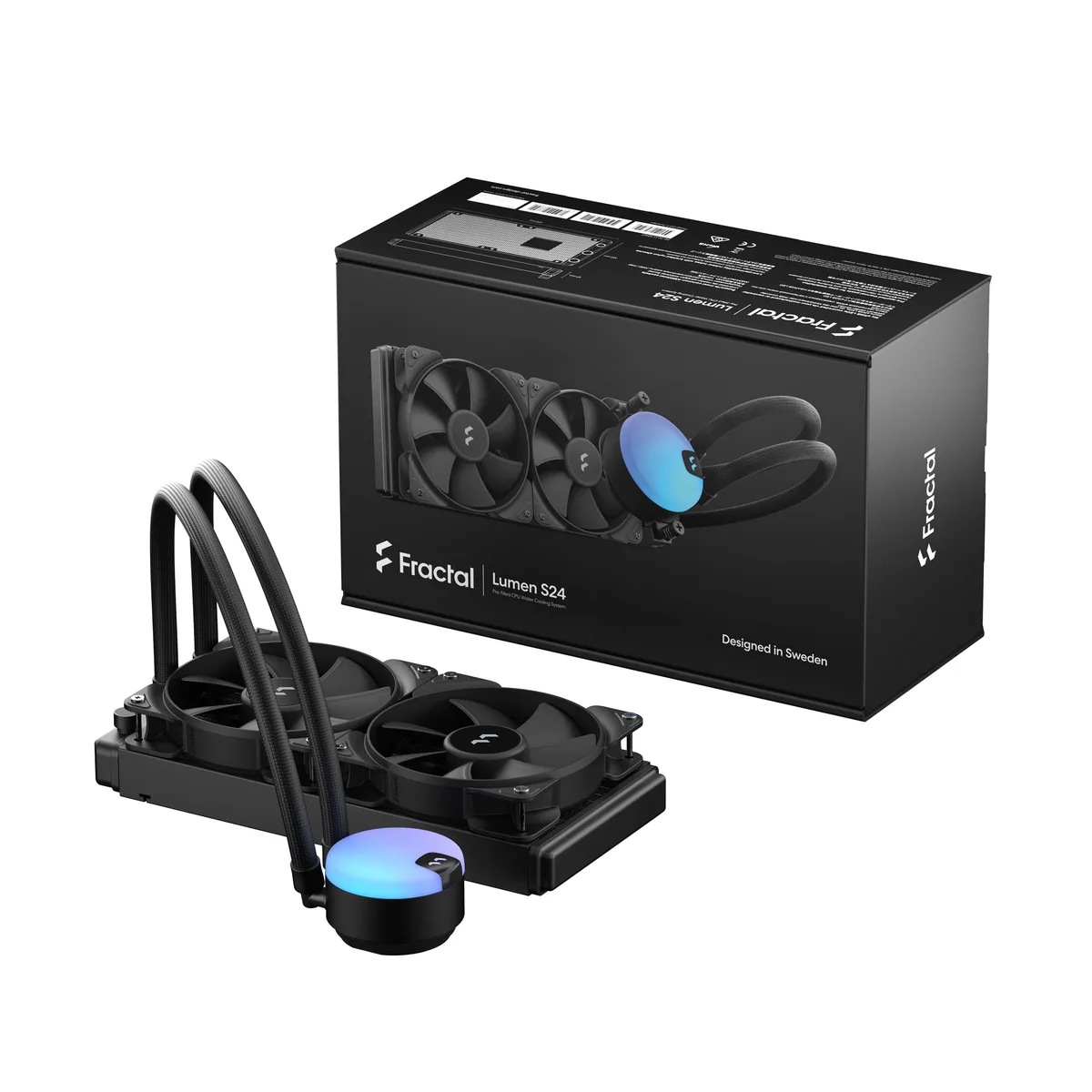 Black aluminium radiator 272 mm long with two 120 mm fans and illuminated copper pump block with rotatable top