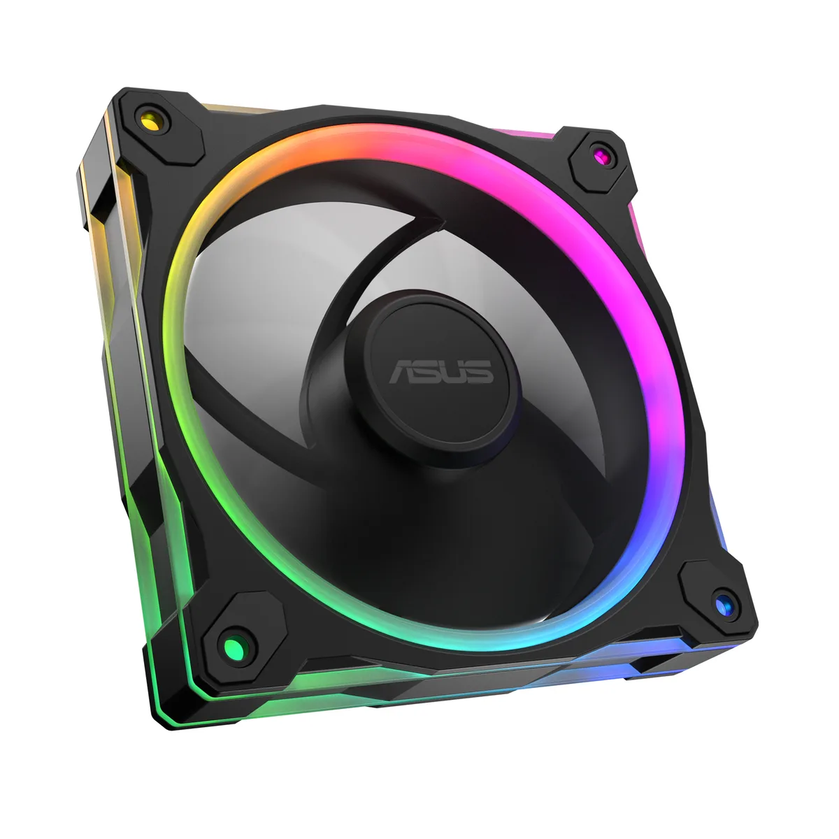 Black 120mm case fan with extra-thick 28mm frame and circular ARGB LED ring