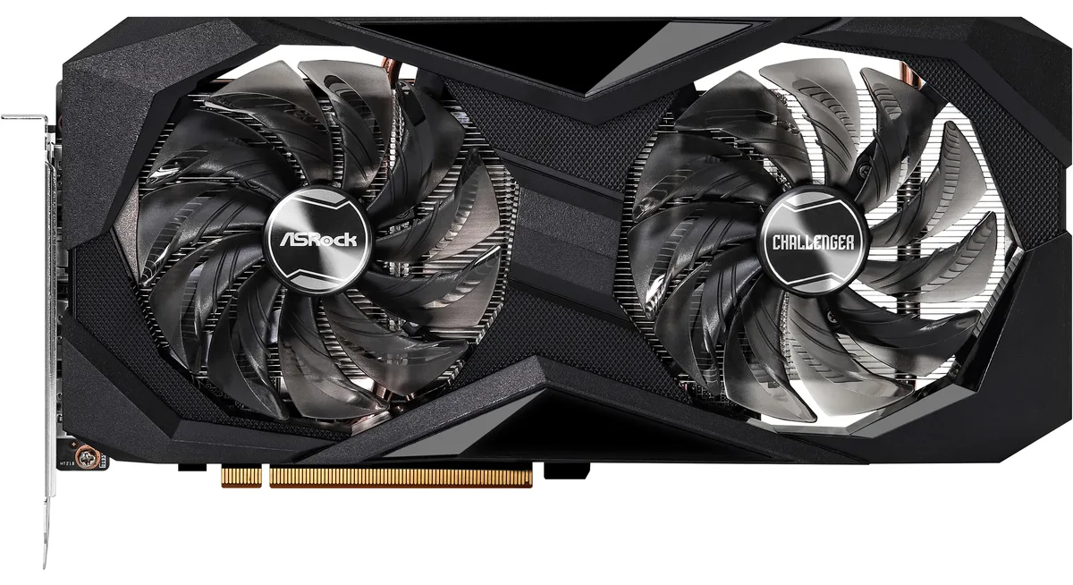 Black dual-fan graphics card with metal backplate