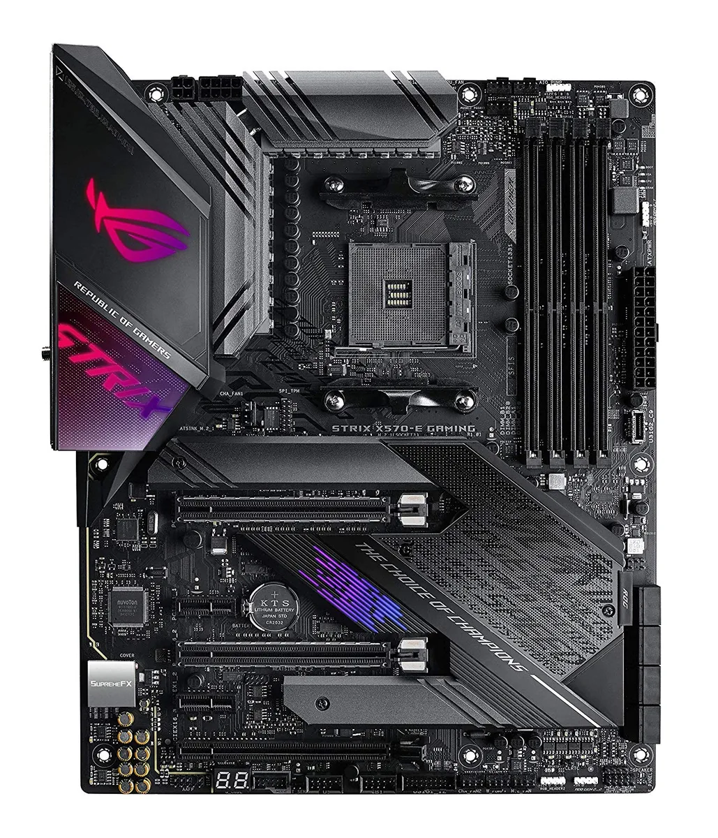 ATX motherboard with black PCB and metal heatsinks, I/O shield included