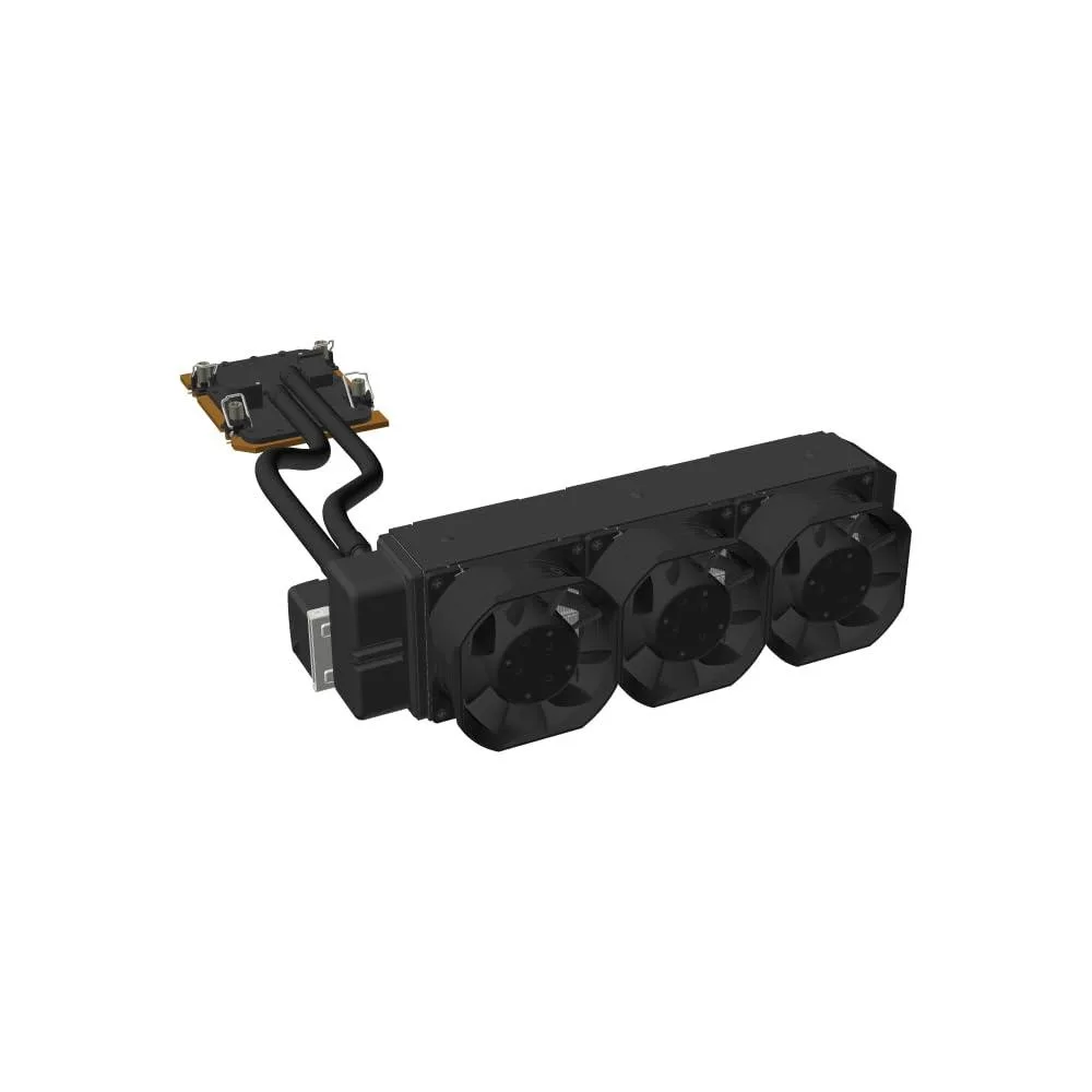 Compact 1U all-in-one liquid cooler, black radiator and pump block, Intel LGA 7529 socket mounting hardware visible