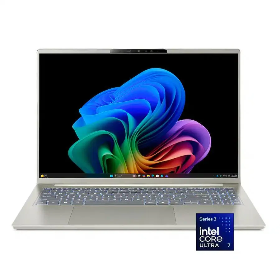 Silver 16-inch OLED touchscreen laptop, thin clamshell form factor, Vapor Silver finish