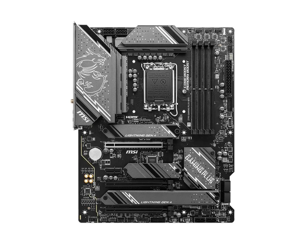 Rectangular green ATX motherboard with silver heatsinks and black slots