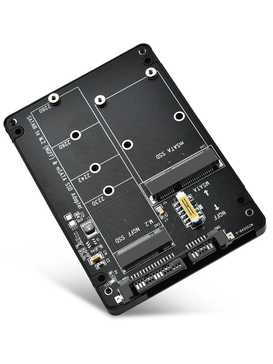 Black circuit board adapter with SATA connectors and a toggle switch, 2.5 inch form factor