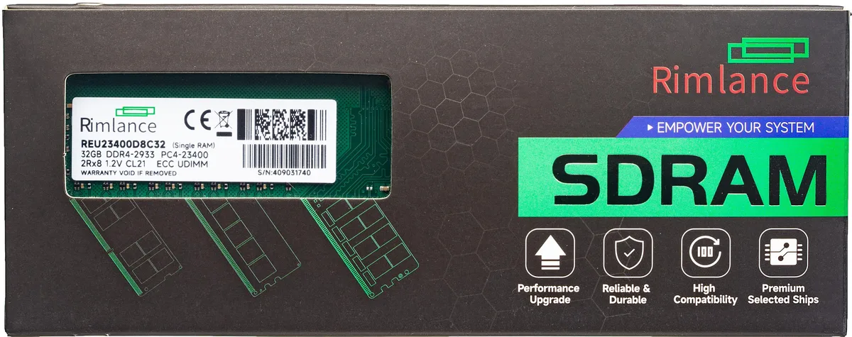 Green 288-pin DDR4 UDIMM module with black chips, single 32GB stick