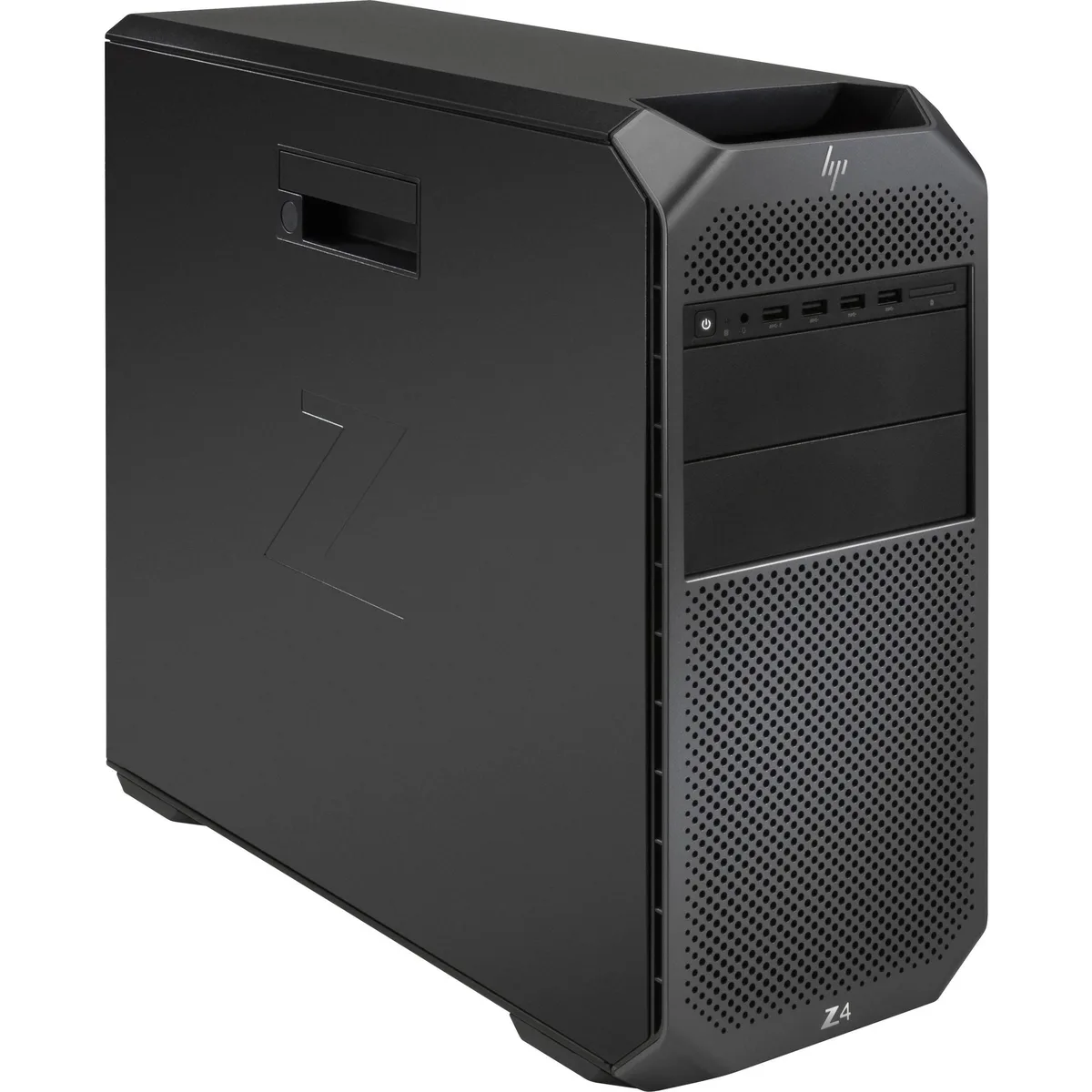 Black tower workstation with front panel vents and optical drive bay