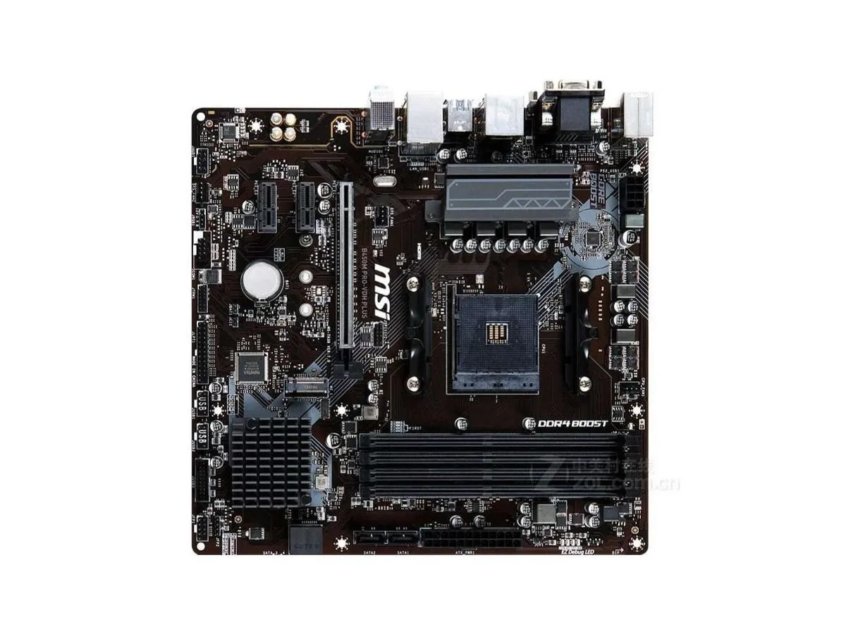 Green micro-ATX board with silver AM4 socket and black slots