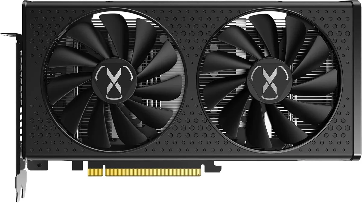 Dual-fan graphics card in black with silver accents