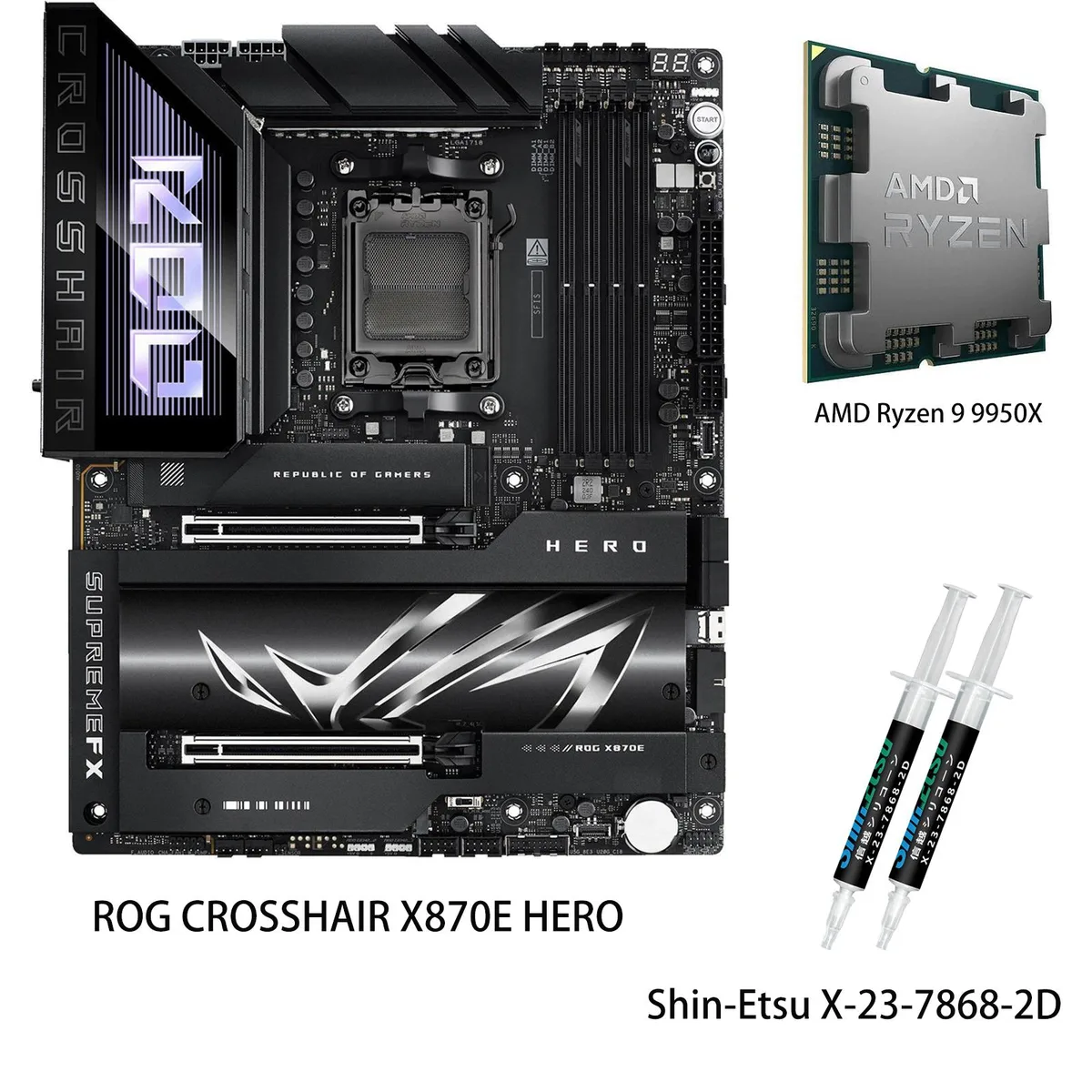 ATX motherboard with black heatsinks and silver CPU socket visible