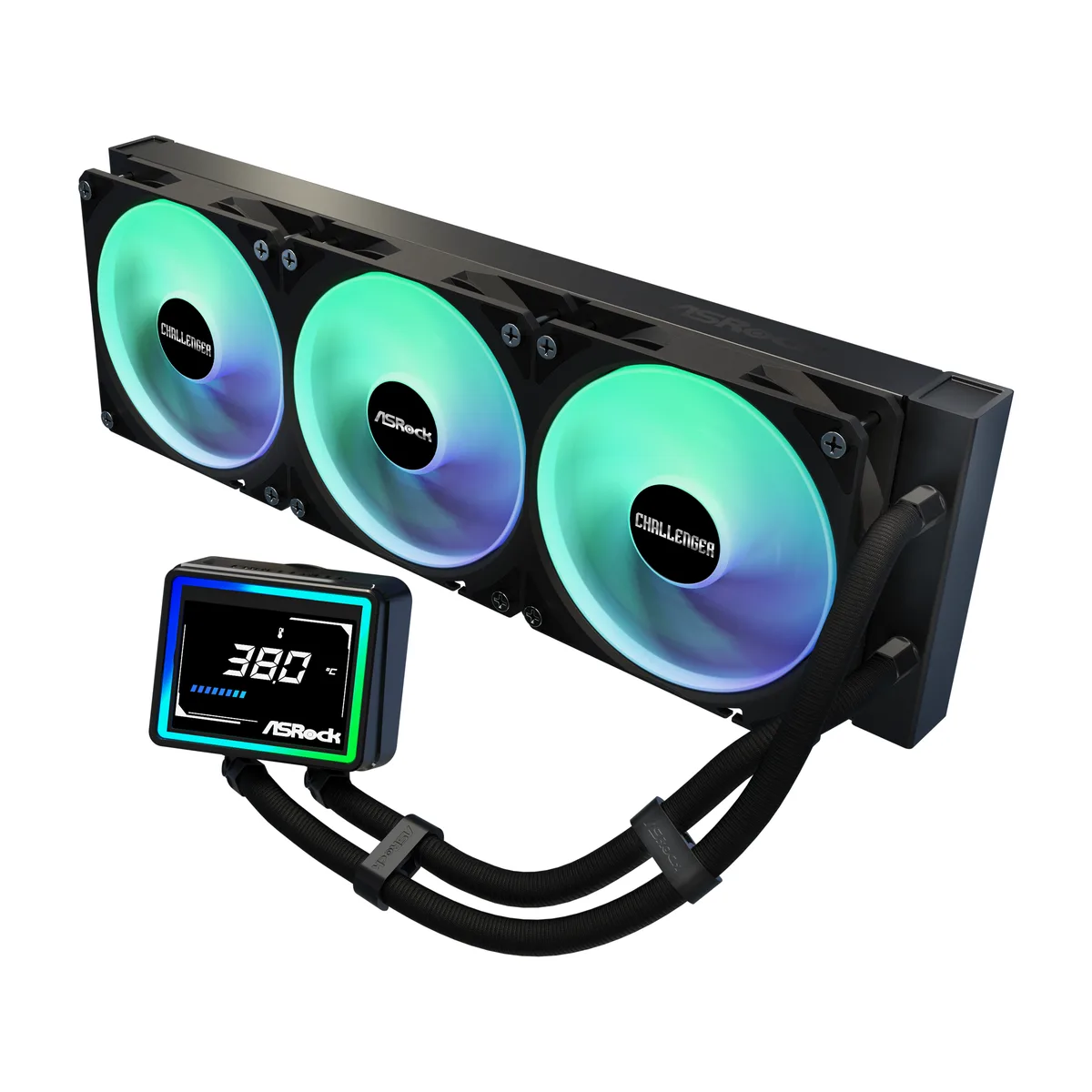 Black AIO liquid cooler with 360 mm radiator, square water block featuring 3 inch digital display and ARGB lighting