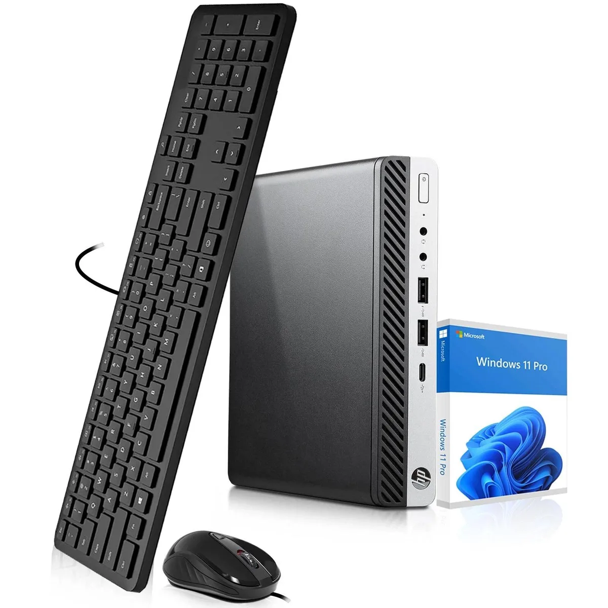 Small black HP ProDesk 600 G5 Tiny desktop with keyboard and mouse