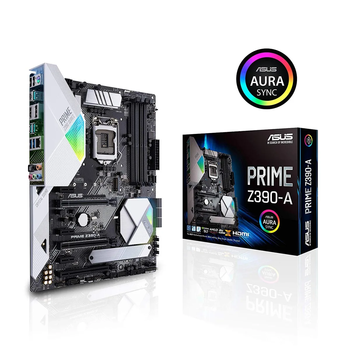 Black ATX motherboard with silver heatsinks and RGB lighting