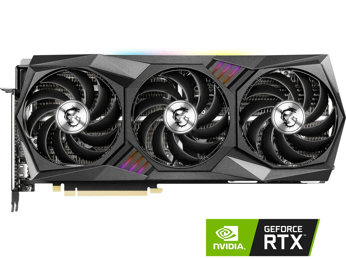 Large triple-fan graphics card with brushed metal backplate and silver shroud