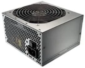 Black rectangular ATX power supply unit with ventilation grille and cable bundle