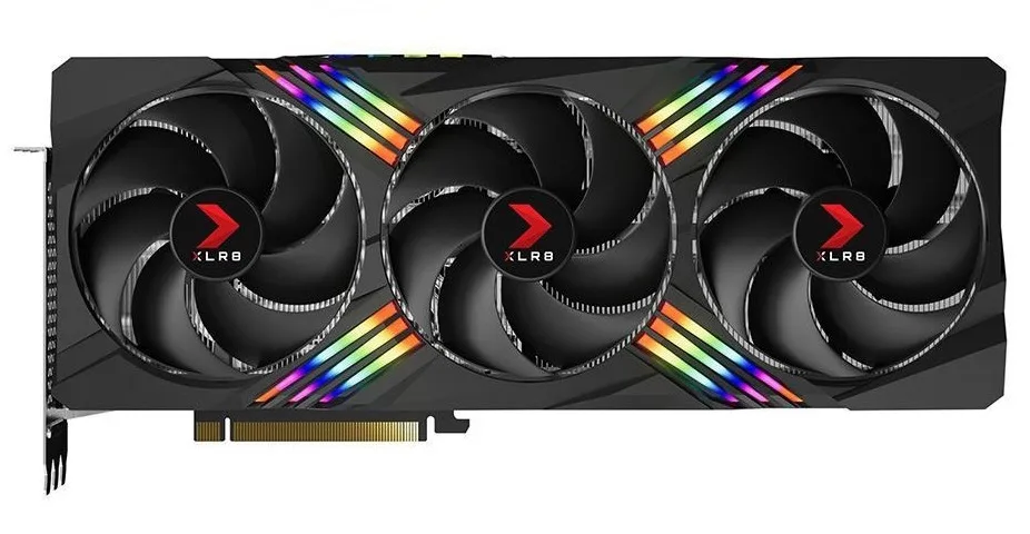 Large graphics card with triple fans and silver metal shroud