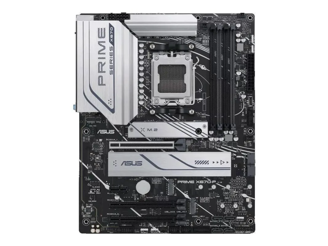 ATX motherboard with black PCB and silver heatsinks