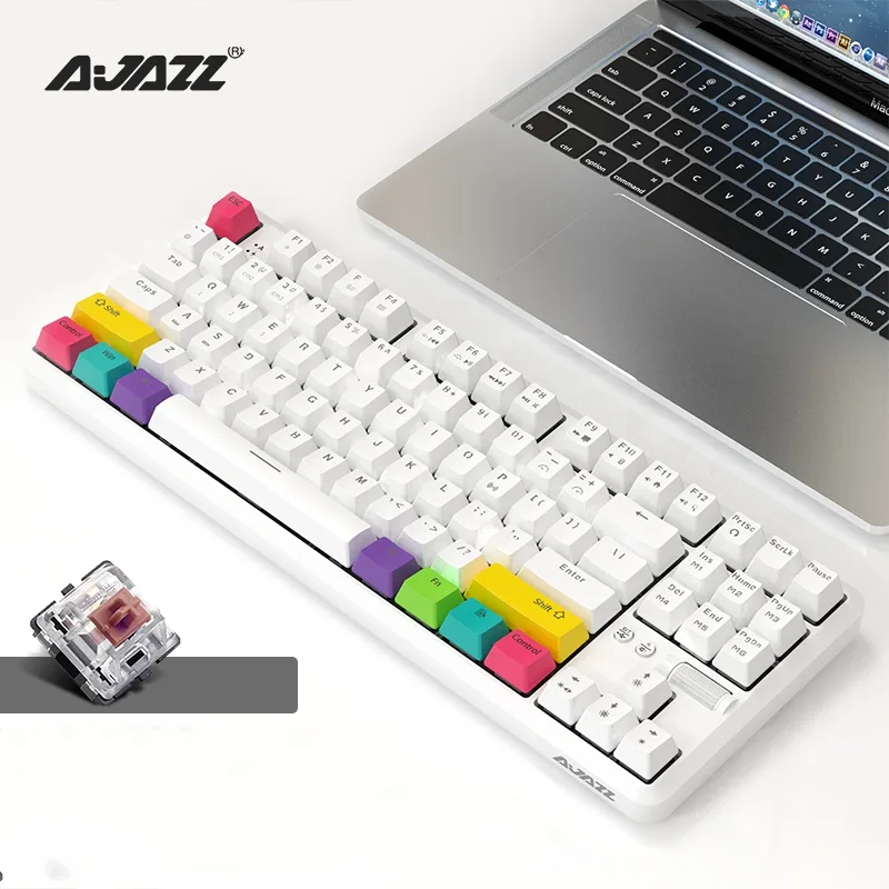 White compact mechanical keyboard 87 keys brown switches RGB backlight scroll wheel dual mode connectivity
