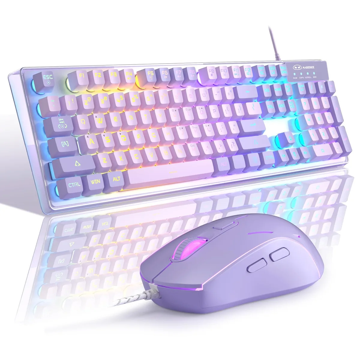 Purple full-size wired keyboard and matching ambidextrous mouse with RGB backlighting