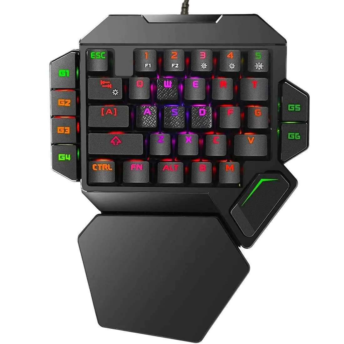 Black one-handed mechanical gaming keyboard with 35 keys RGB backlighting and wrist rest