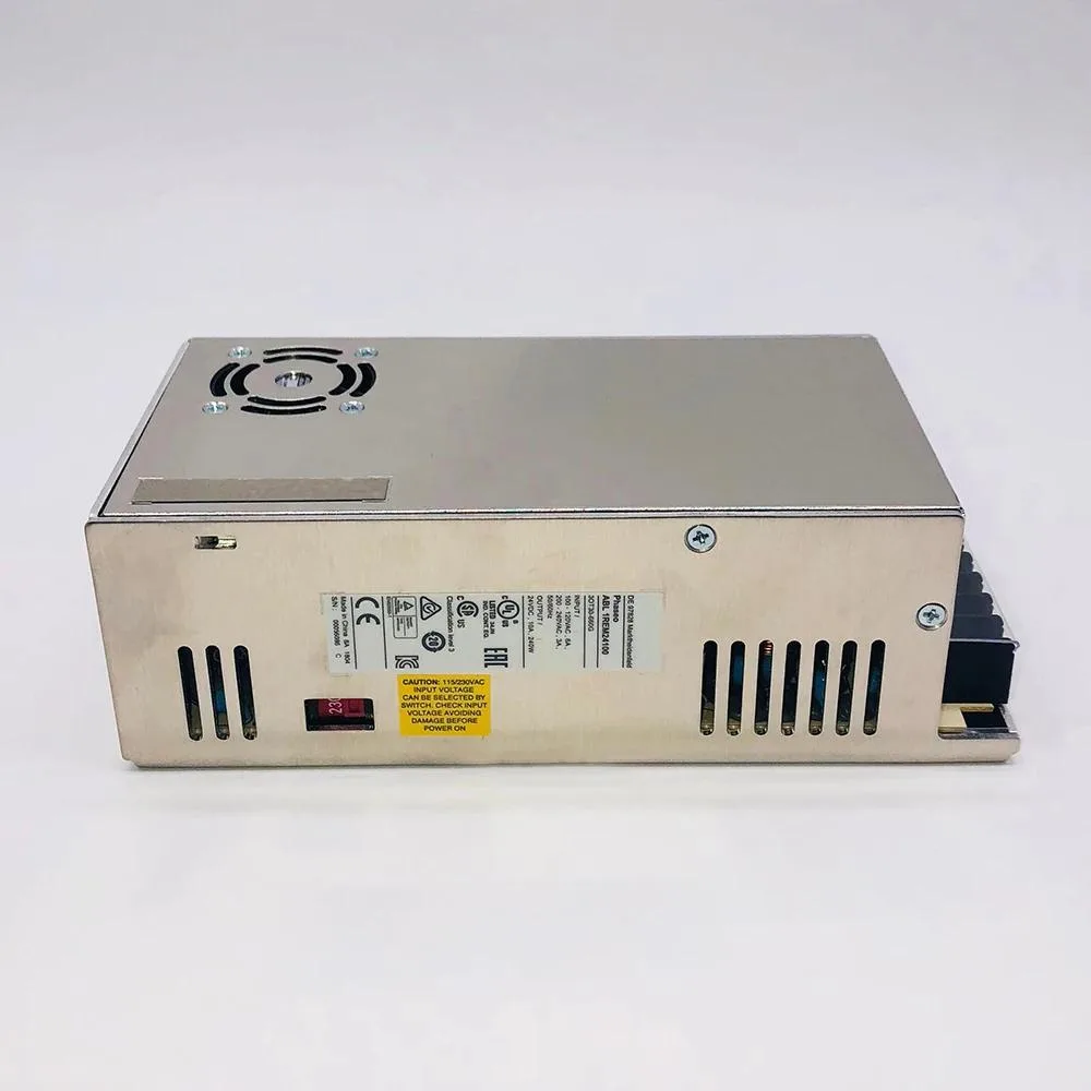 Rectangular metal power supply unit with screw terminals and label showing 24VDC 10A 240W