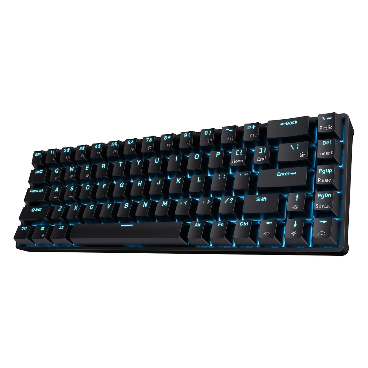 Compact 68-key black mechanical keyboard with blue backlighting