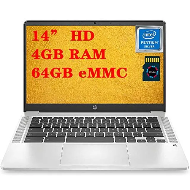 Silver 14-inch laptop with thin bezels and USB-C ports