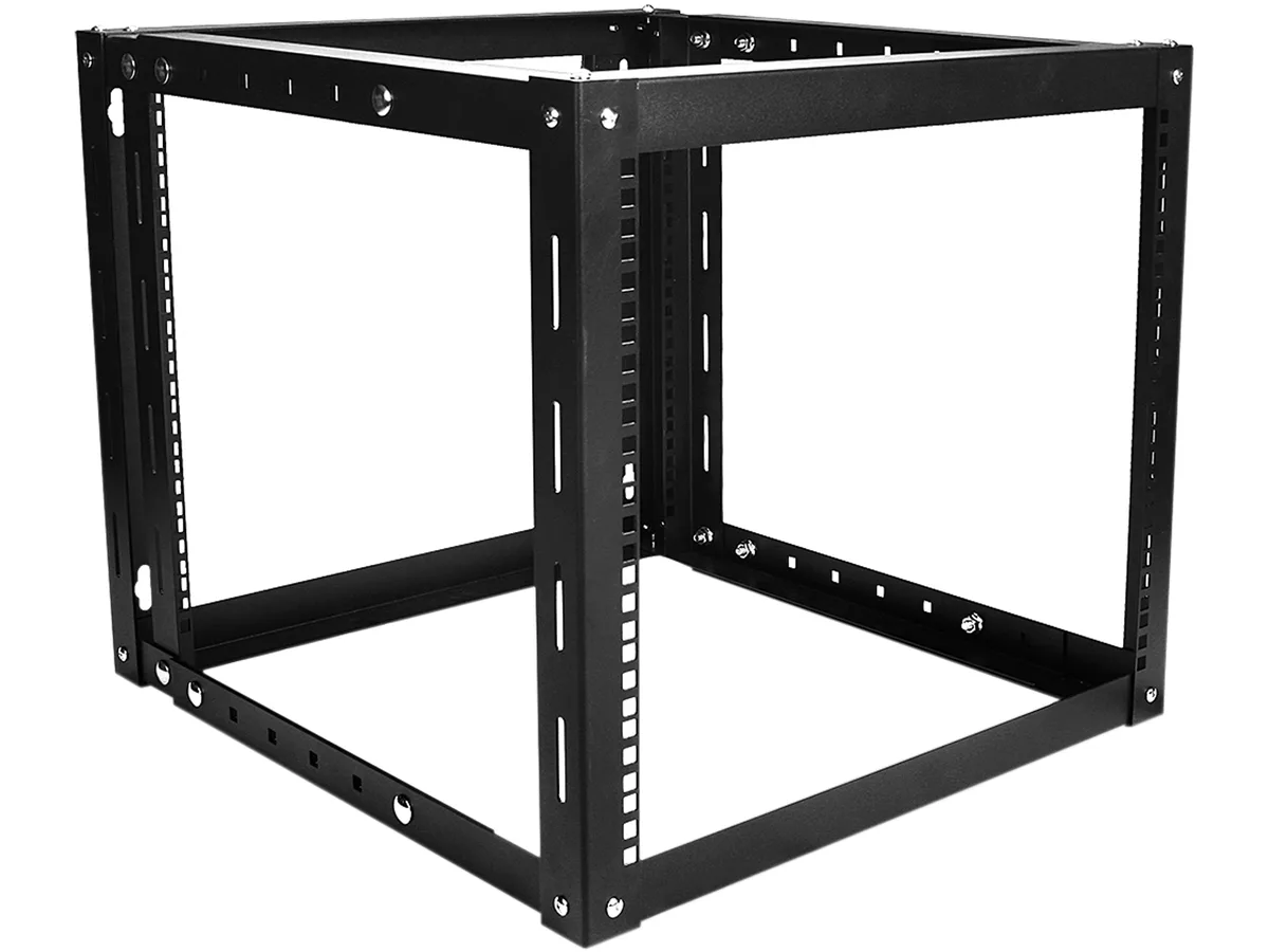 Black open-frame wall-mount mining cabinet, 9U, adjustable depth, with 2U tray
