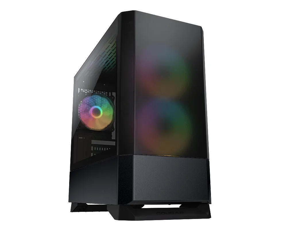 Black mid-tower gaming PC with RGB fans visible through glass side panel