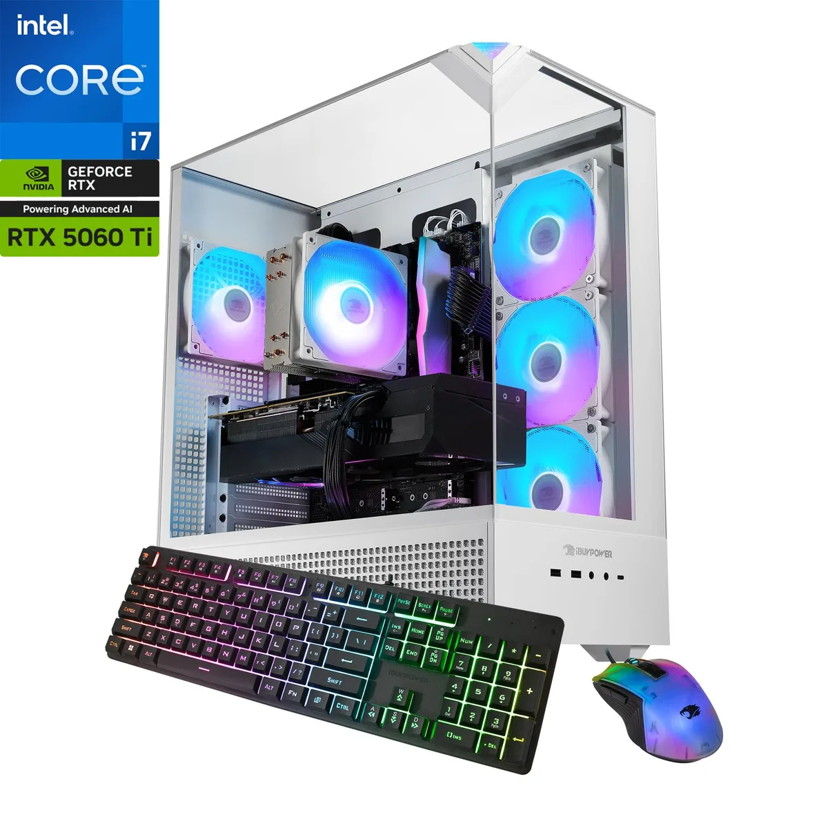 White mid-tower gaming desktop with RGB lighting, keyboard and mouse