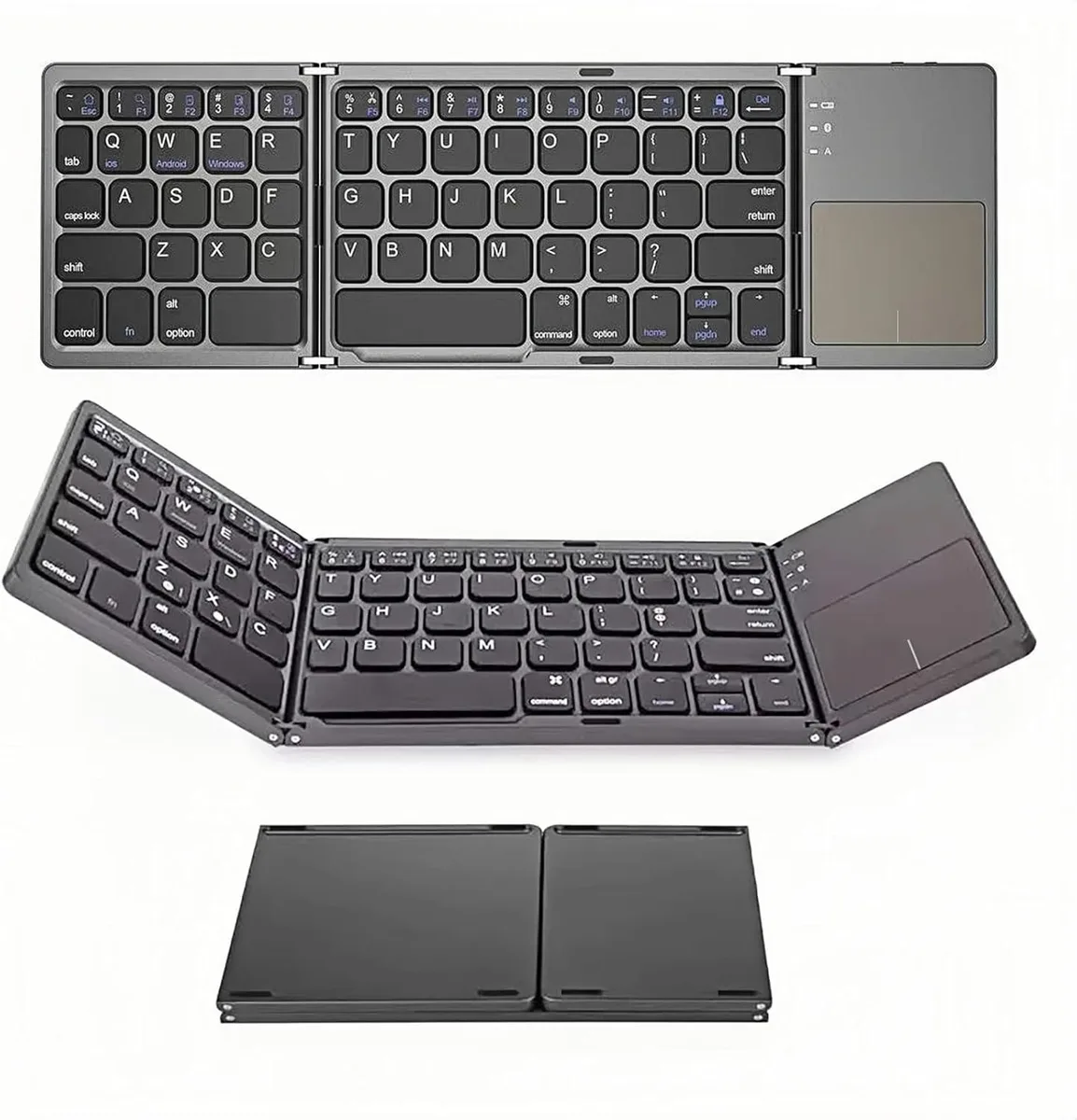 Grey foldable Bluetooth keyboard with integrated touchpad, full-size layout, slim profile