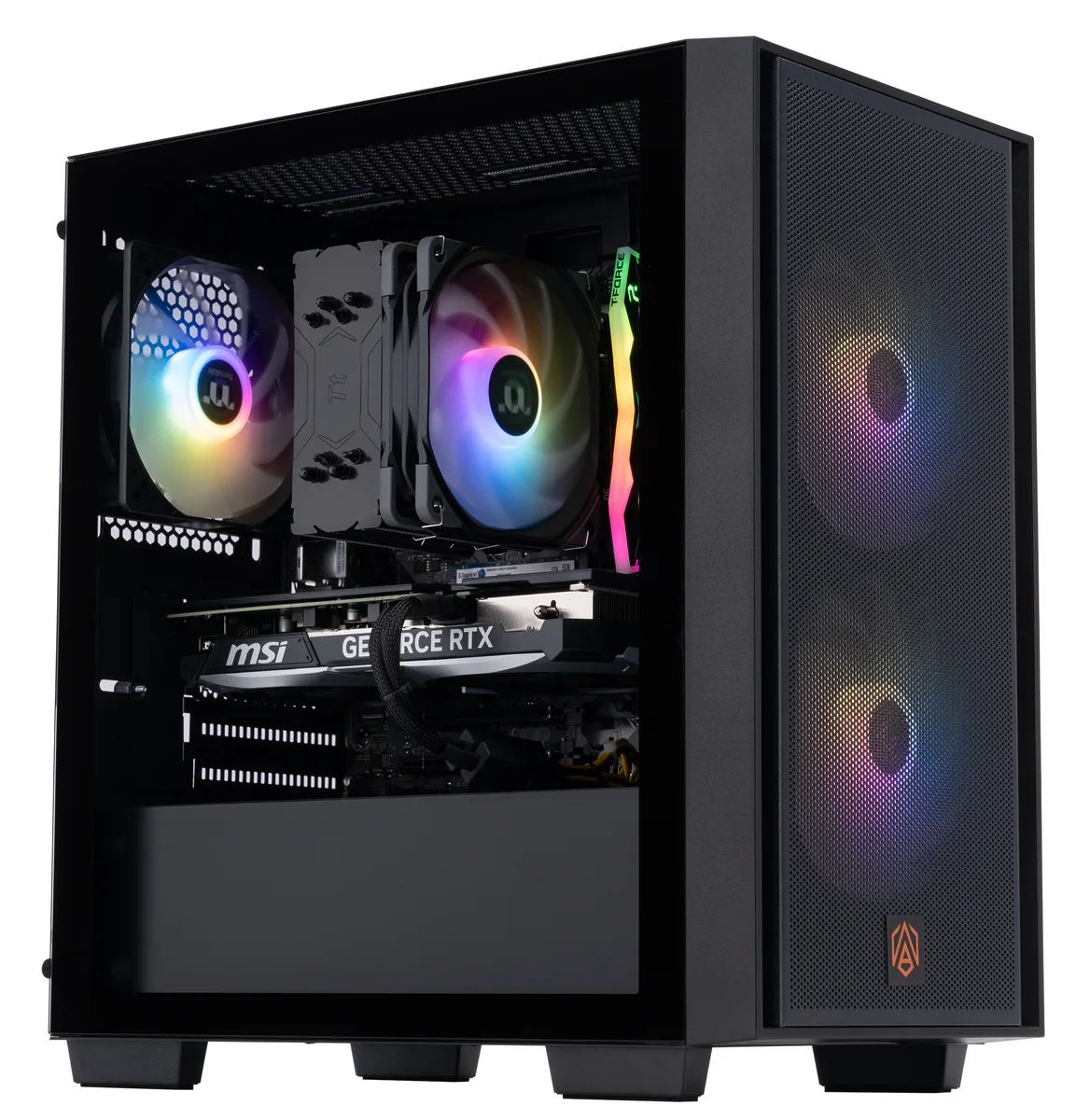 Black mATX gaming tower with RGB memory and dual-fan graphics card