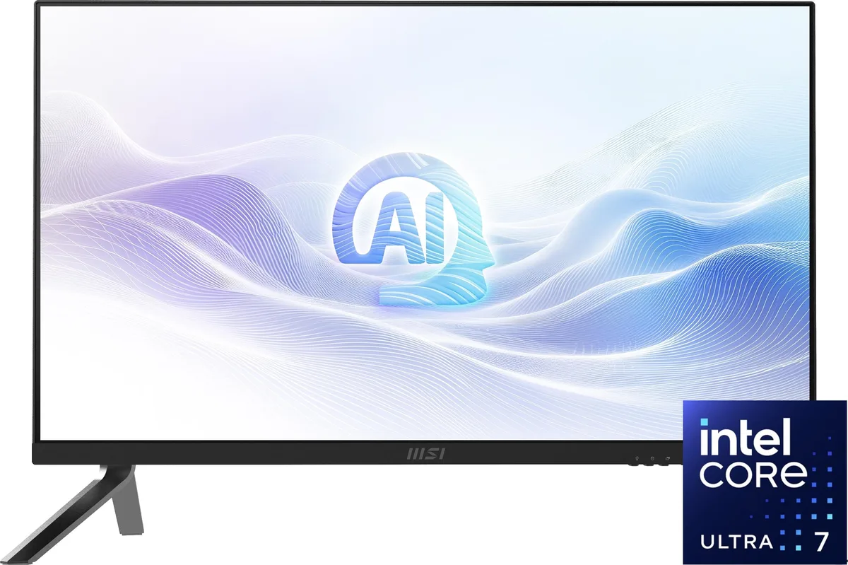Black 27-inch all-in-one desktop with slim bezels and integrated stand