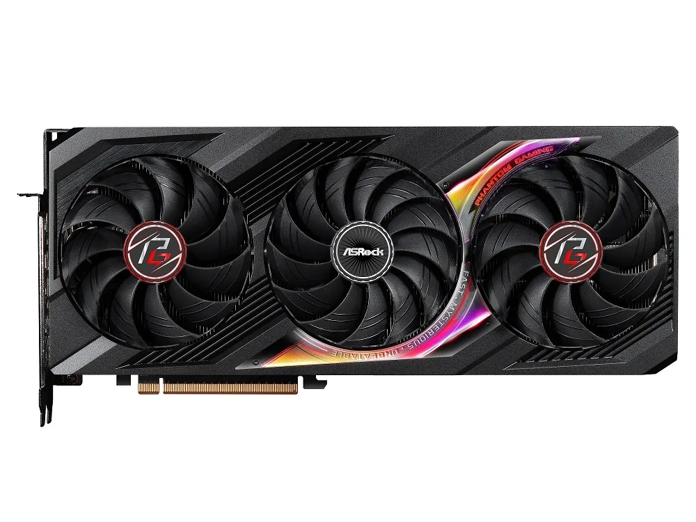Black triple-fan graphics card with metal backplate, 330 mm long