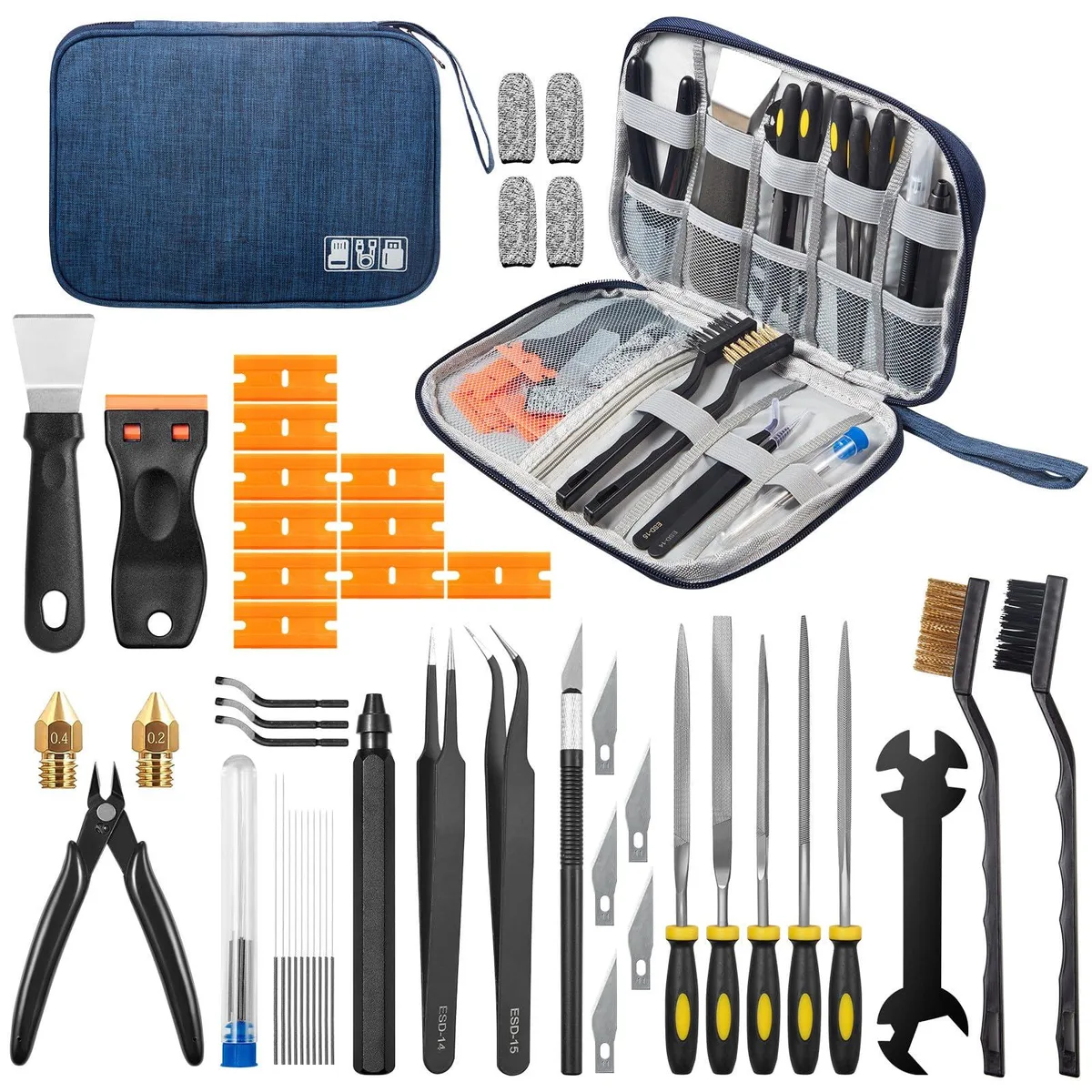 Open black case holding fifty assorted 3D printing tools including files, scrapers and brushes