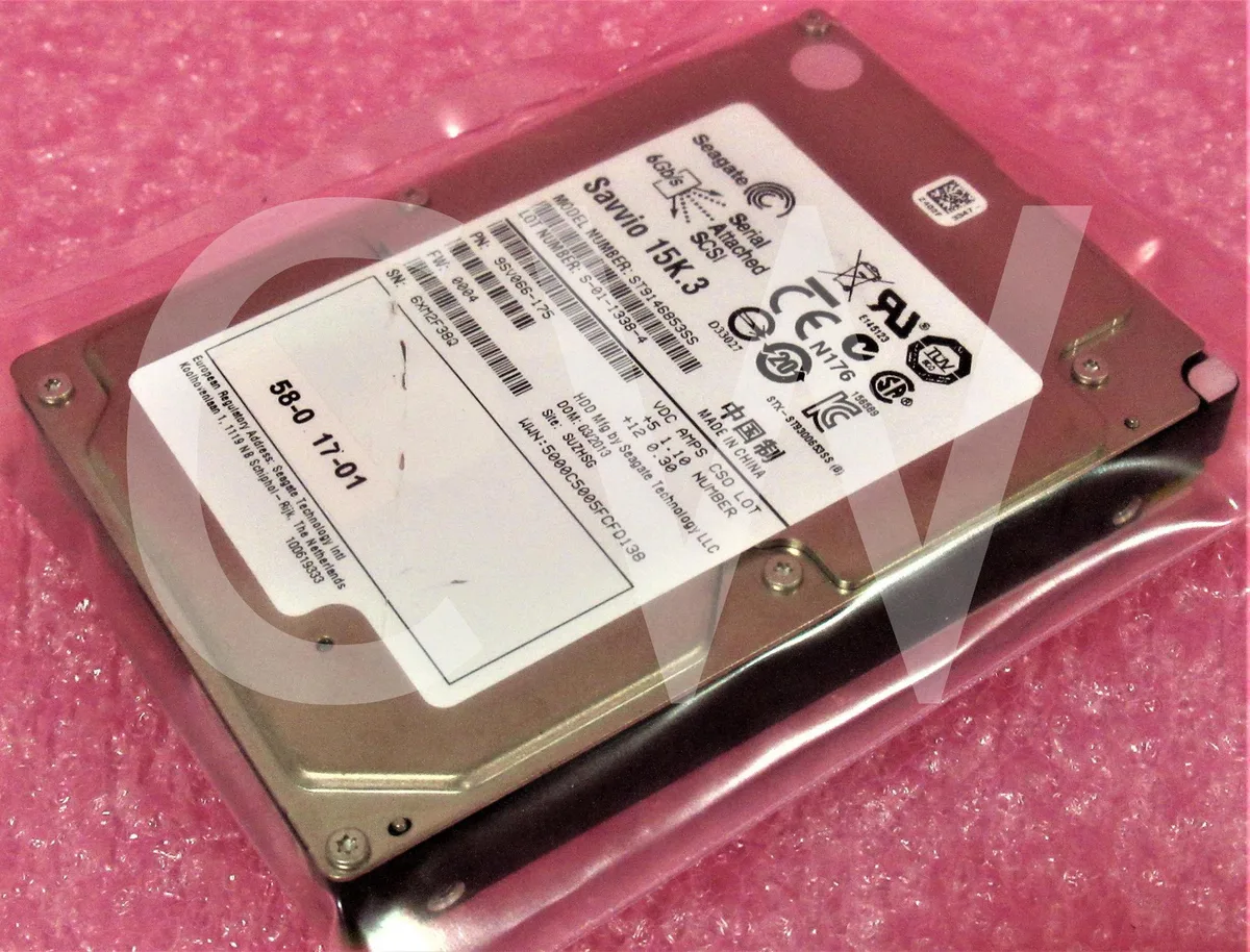 Small silver 2.5 inch SAS hard drive with label showing model ST9146853SS