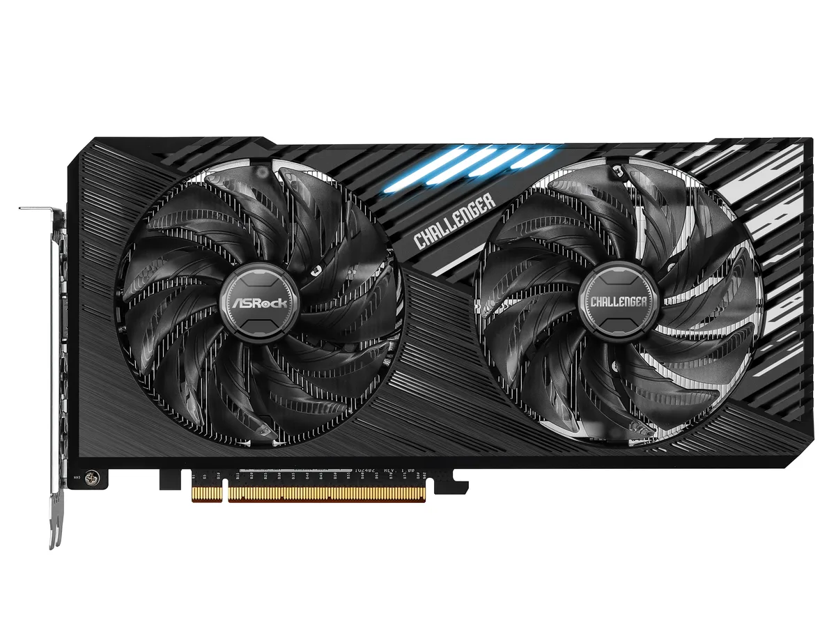 ASRock Challenger Arc A750 graphics card with dual axial fans and metal backplate