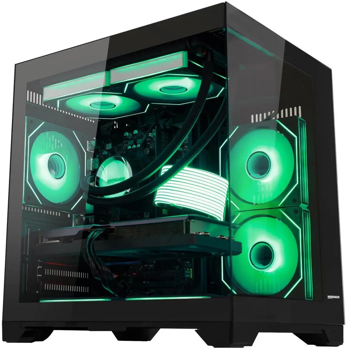 Black mid-tower gaming desktop with tempered glass side panel and ARGB lighting