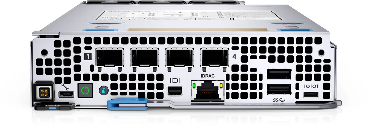Compact 1U rack server in matte black finish, front panel shows USB ports, display port, management port
